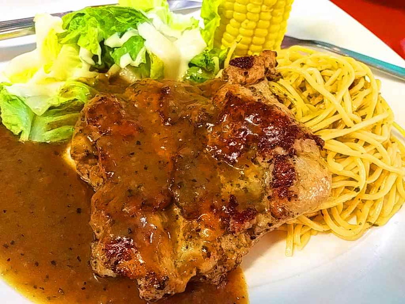 Collin's best selling grilled chicken chop and pasta topped with brown sauce. You can't go wrong with this option!