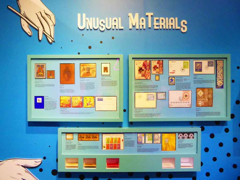 Display of unconventional materials used on stamps