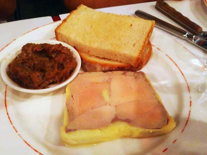  Entrecote Foie Gras Terrine at $21. It is great for sharing as an appetizer before your main course.  It is essentially whole duck raw liver and served with bread