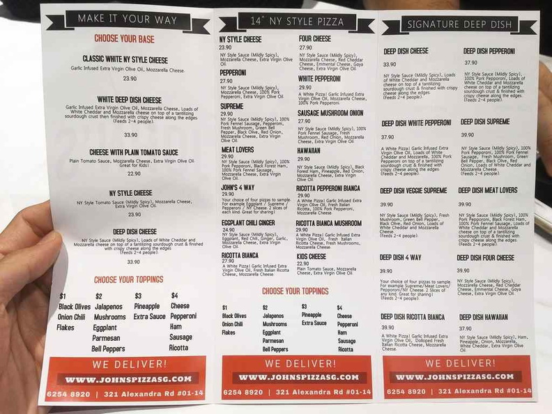 John's menu selections offering a choice of 12 inch New york style pizzas as well as their Deep dish options. 
