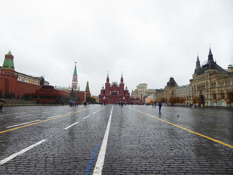 The vast Moscow Red Square, with the Grand Kremlin on the left and State hermitage museum in the distance