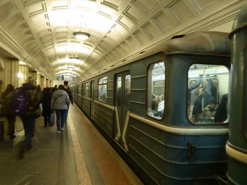 Old Moscow metro trains on platform, though not the fanciest, but they are like reliable old workhorses.