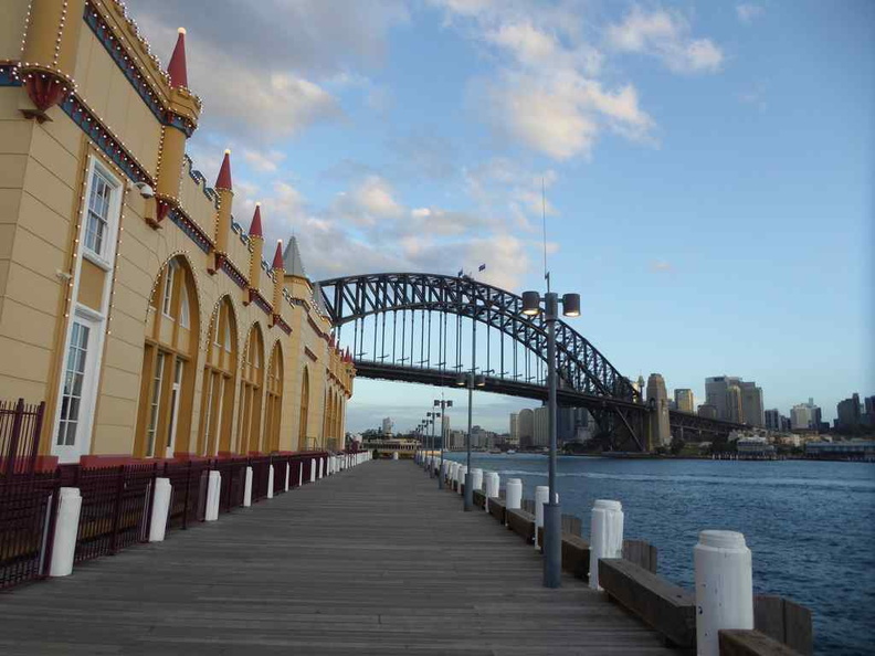 The external broadwalk outside the park with the Sydney harbour bridge in view
