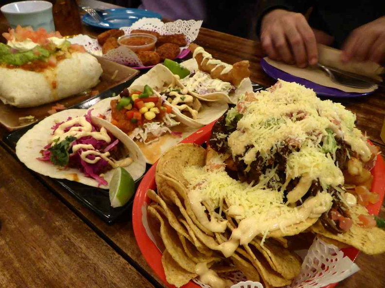 The food spread, everything Mexican and loaded with heaps of shredded cheese