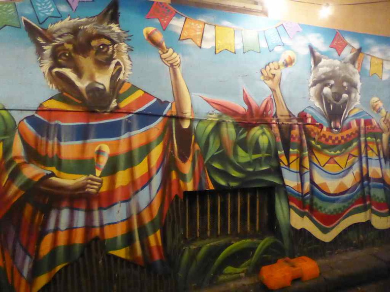 The two wolves wall murals along Grafton lane at the rear of the establishment