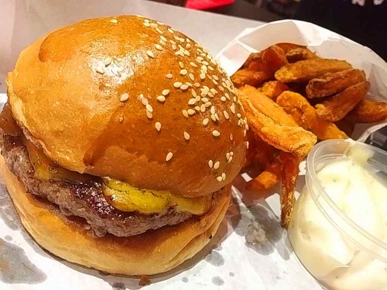 Wagyu beef burger with sides of fries