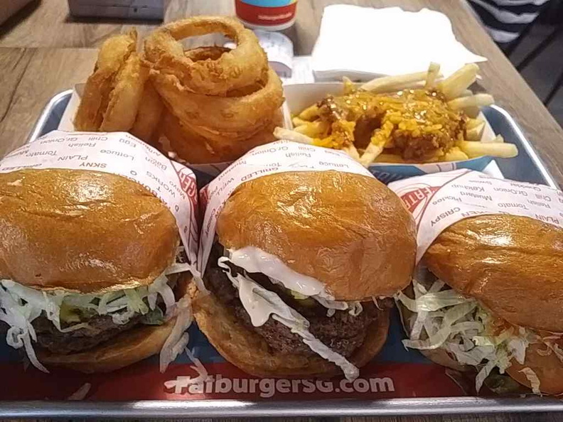 The Fatburger spread of double burgers with Onion rings and Fries