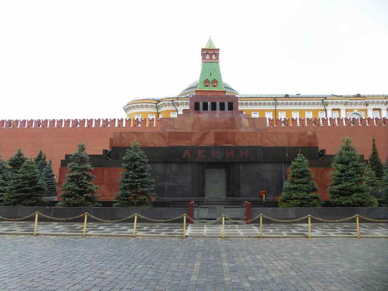 The front entrance of Lenin's Mausoleum in front of the Kremlin walls on the Red Square