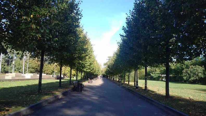 The long stretches in the park nicely lined with manicured trees and lawns