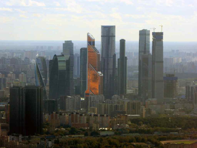 Zoom in of the Moscow city district area from the observation deck