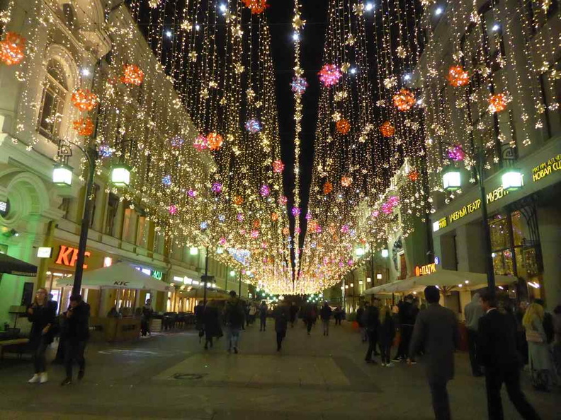 Fancy night light up over the pedestrian walkways in the Kuznetsky Most shopping area
