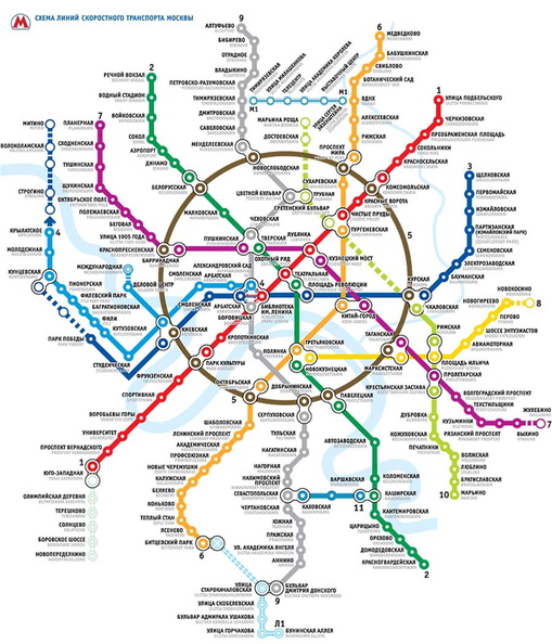 The Moscow subway map, showing it topological structure. Interchanges are denoted by larger hollow circles