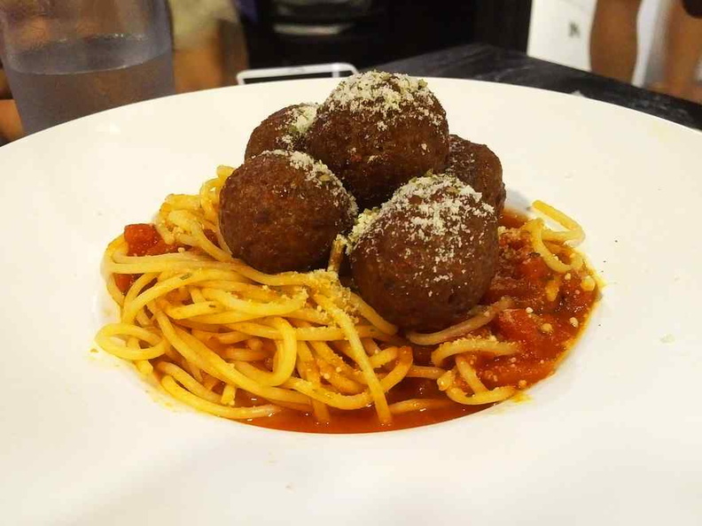 Impossible spaghetti with meatballs. The meatballs are decent, but not so much for the spaghetti
