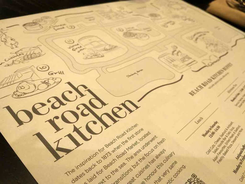 Beach Road Kitchen buffet map printed on your dining mats. It shows you all the various food booths on offer in a marketplace like setting