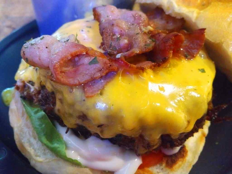 Close-up of the Wagyu burger with the delicious ozzing egg and bacon