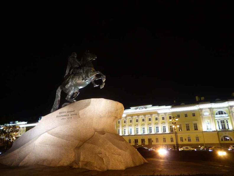 The Bronze Horseman sculpture at night