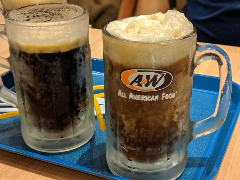 The root beer served in a chilled frosty mug