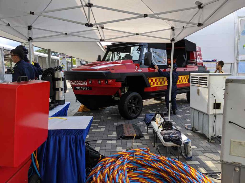 The Singapore Civil Defence Force dedicated outdoor booth areas showcasing their DART amphibious rescue vehicle and various equipment of the trade