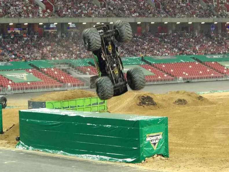 Monster Energy doing the spectacular 360 dumpster jump, landing back on 4 wheels and securing the first place win