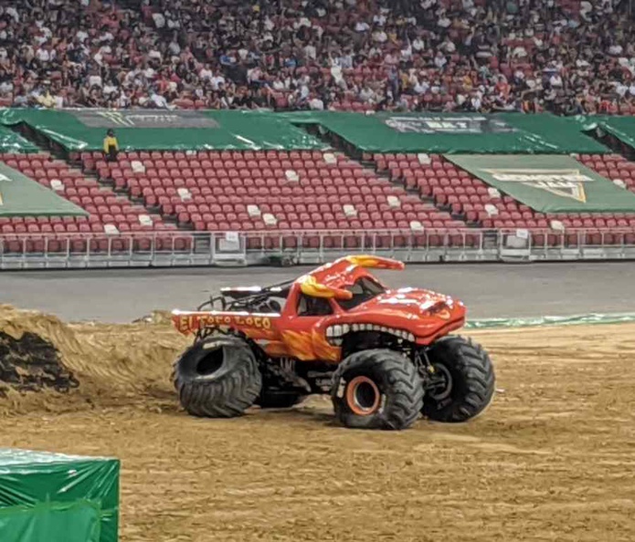 An injured bull (El Toro Loco) driven by Marc McDonald after the free style event