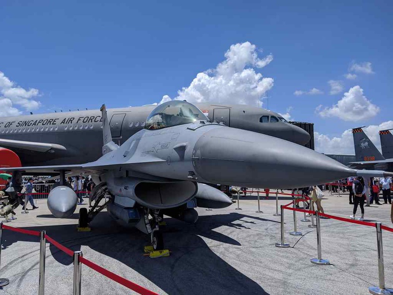 RSAF F16 and A330 multi-role air-refuelling tanker in background at the Singapore Airshow 2020