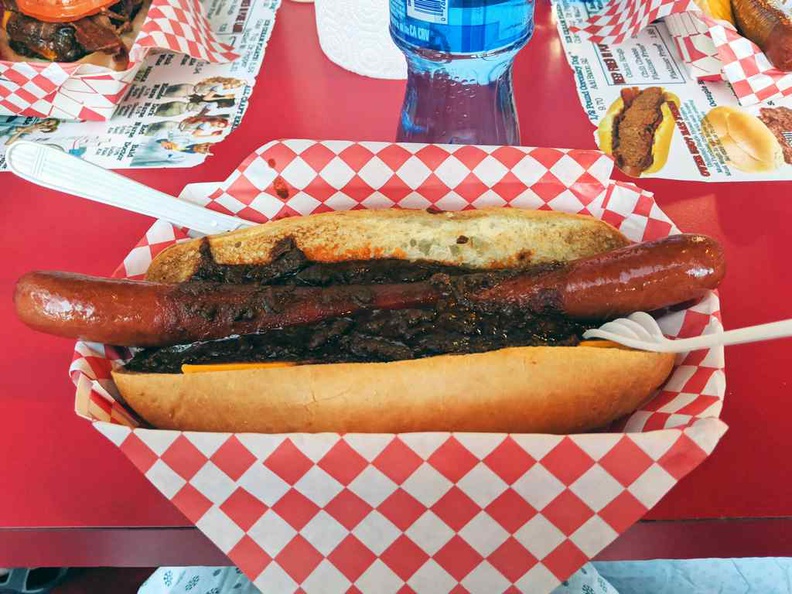 The Coronary dog ($9.70) is tad larger than your average dog, and laced with generous servings of minced meat sauces