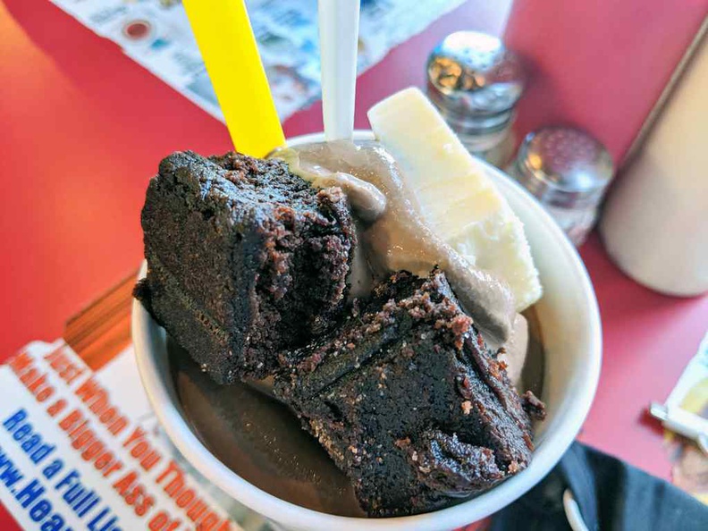 A choice of Chocolate, Vanilla or strawberry milkshakes ($6.23), served with brownie cubes and a cube of rich butter