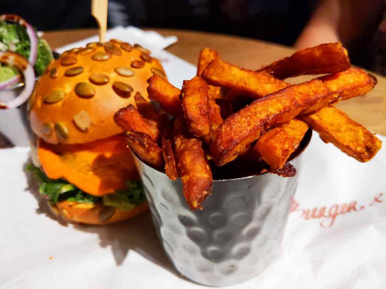Burger and lobster crispy, thick cut but not oily sweet potato fires, which comes with your impossible burger as standard