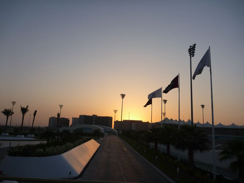 The track grounds and sunset from Yas Hotel