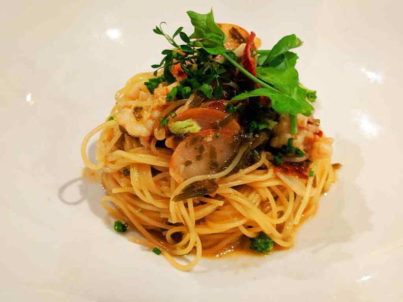 Angel Hair Pasta tossed in Hijiki Seaweed and diced Broccoli bits