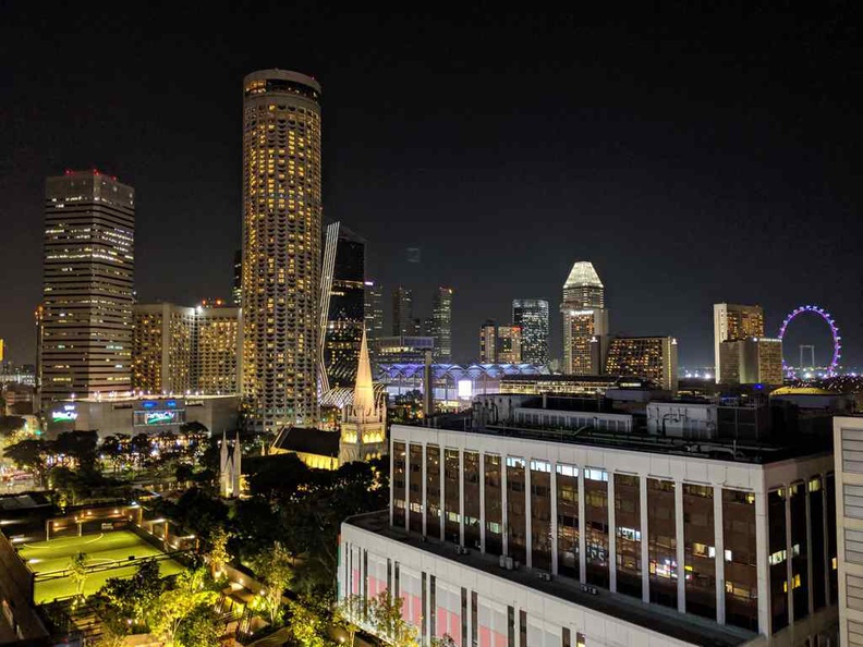 View of the Marina bay area in the distance from the roof of Funan IT mall