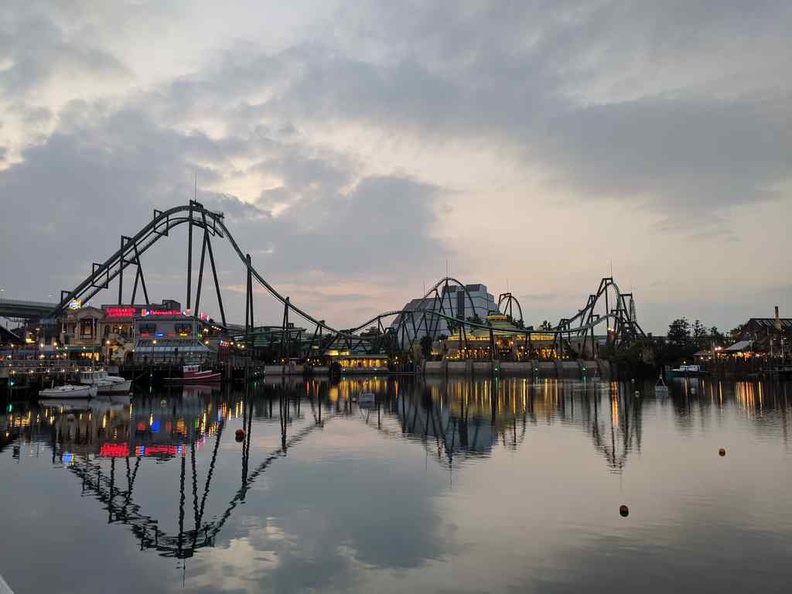 Hollywood dream by the main lagoon at sunset in Universal Osaka Japan