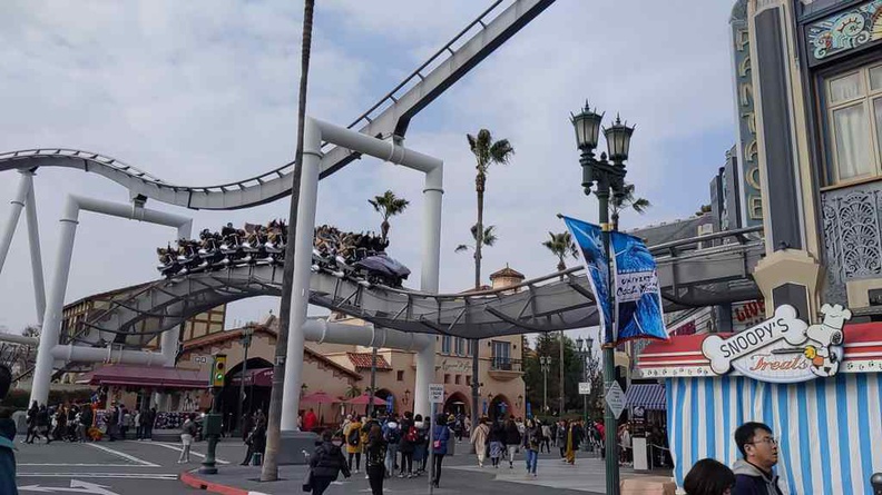 Universal Studios Osaka Japan Hollywood dream Roller Coaster running through the main street area in the Hollywood sector