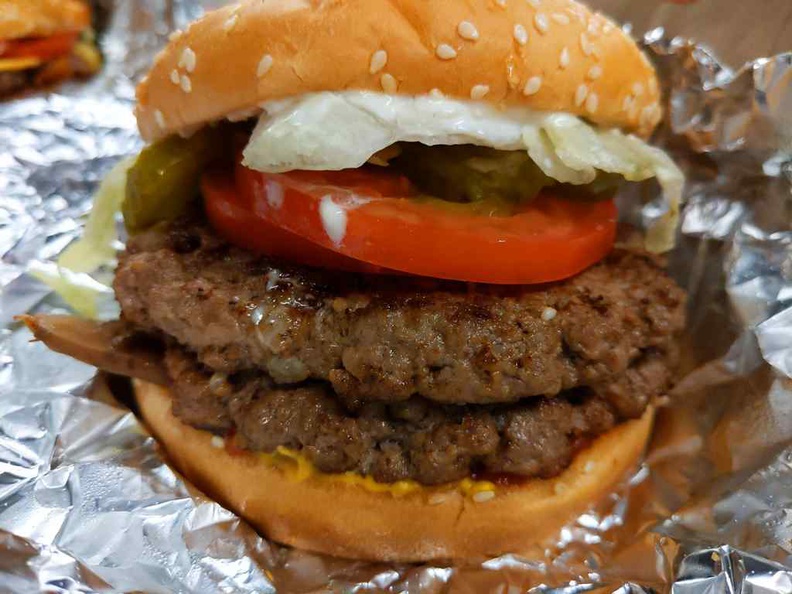 Five guys iconic Cheeseburger with all the works. Note it comes as a double patty as standard