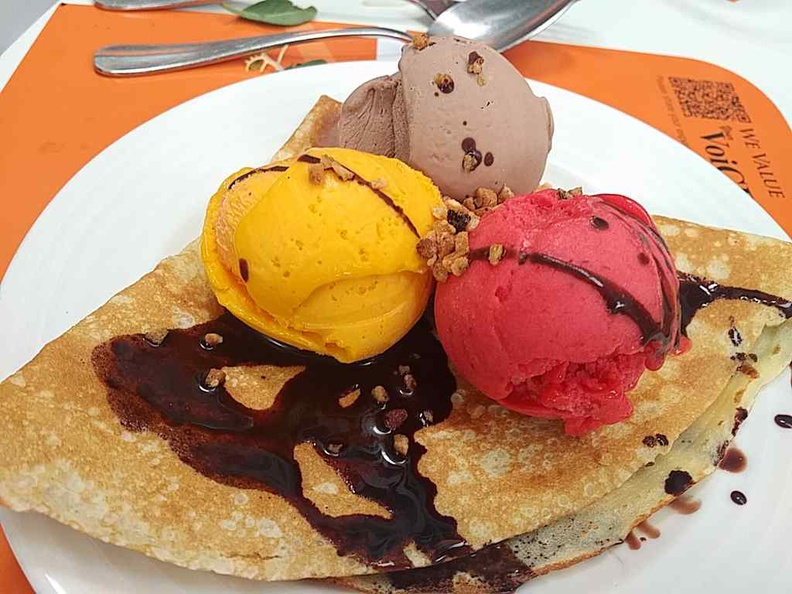 Sorbet ice cream on freshly baked waffles