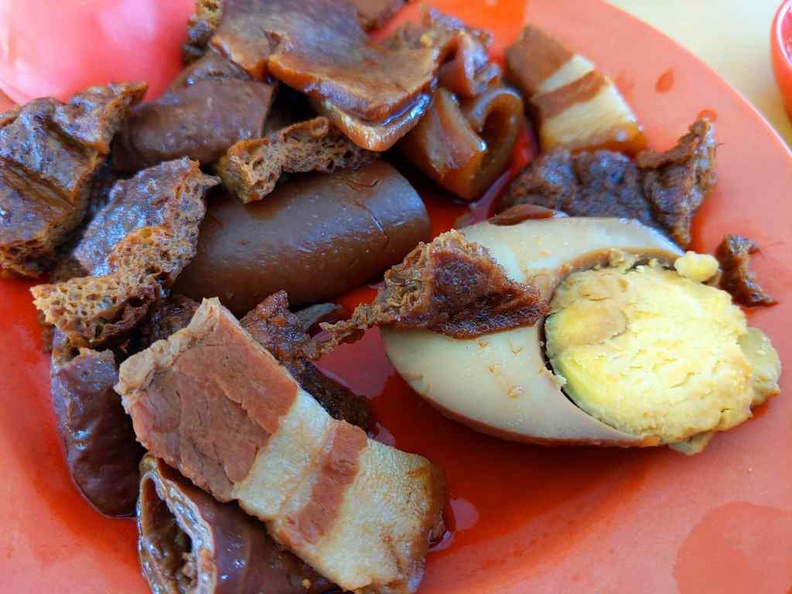 Assortment of pork parts, such as pork, tau pok and boiled egg