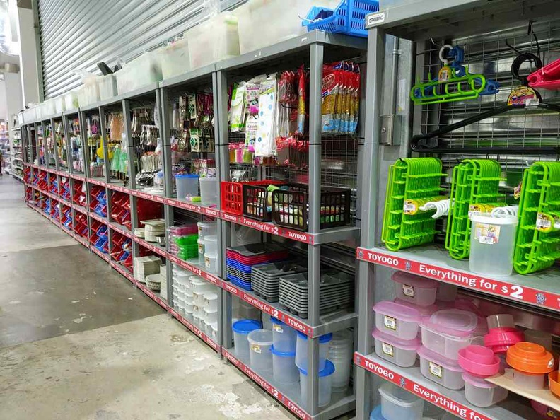 $2 Toyogo plastic products line of products on the back lane shelves