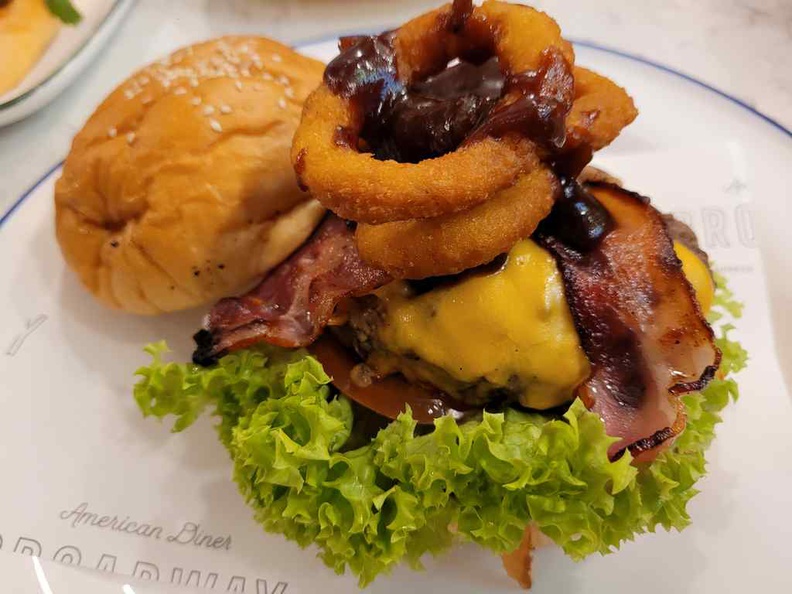 Black Angus Beef & Egg Burger ($16). It is a quite a loaded burger with potpourri of bacon and onion rings too