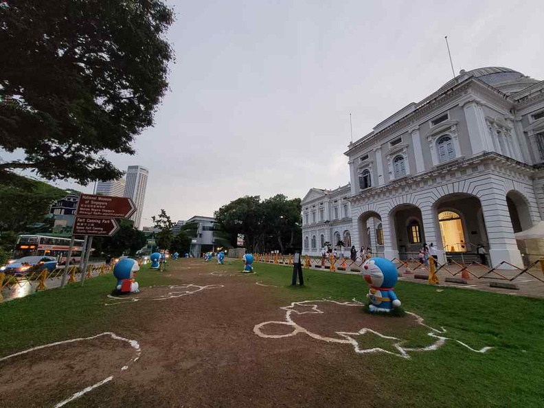 A gathering of Doraemons statues planted at the open front lawn of the museum at the Doraemon national museum exhibition