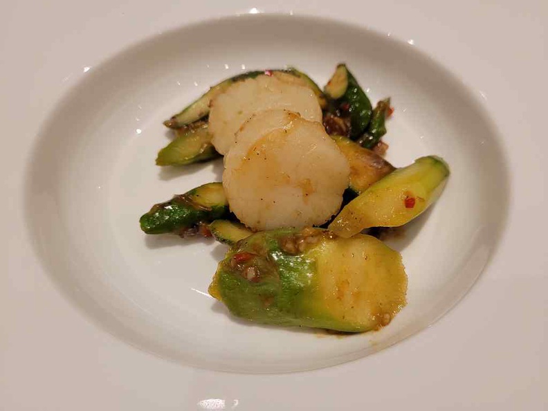 Wok-fired scallops, asparagus greens with homemade X.O sauces