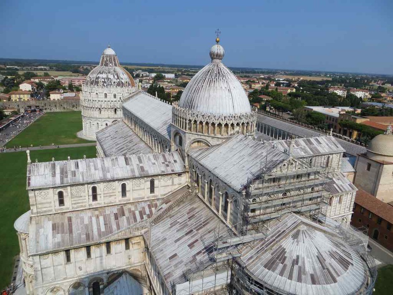 View from the top of the leaning tower with the Duomo Cathedral and Camposanto Monumentale in view Pisa Italy