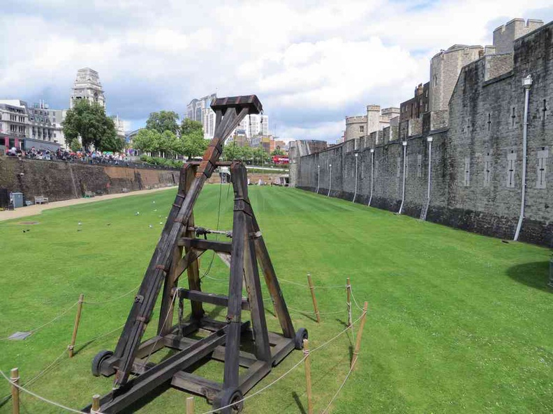 A catapult on the manicured lawns of the Tower of London