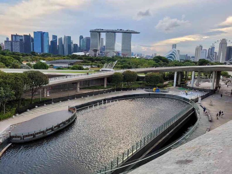View of the city and fountains from the Marina Barrage roof top