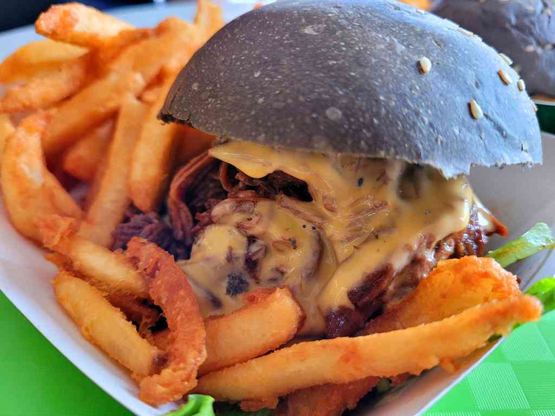 Ashes Burnnit Burgers Pulled beef brisket burger $7.50 a pop. It is loaded with melted cheese