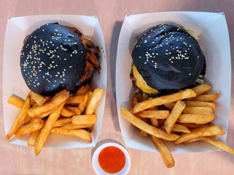 Burgers of trade, served on disposable cardboard trays