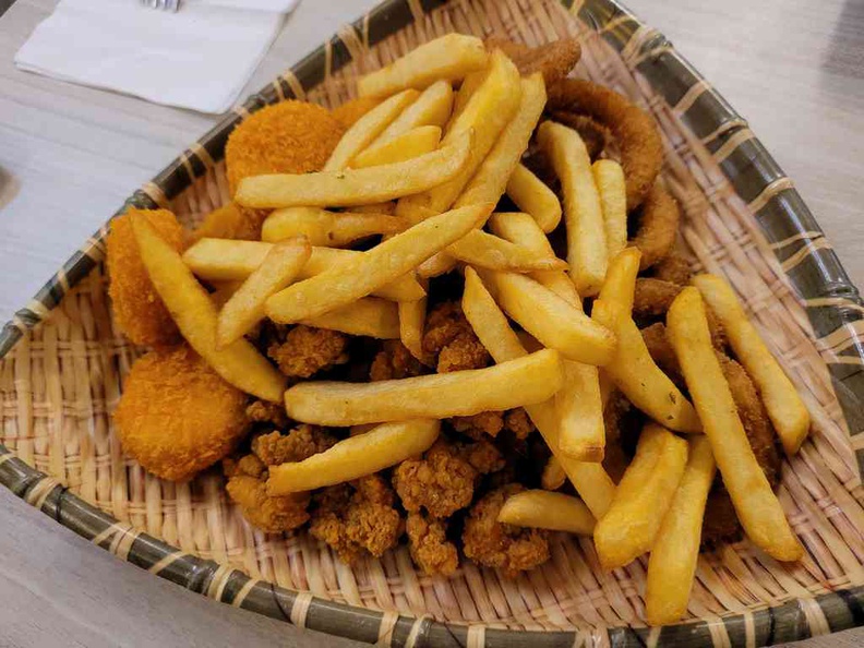 Master Chippy fish and chips sharing platter mini fish bites, onion rings, fries and chicken popcorn