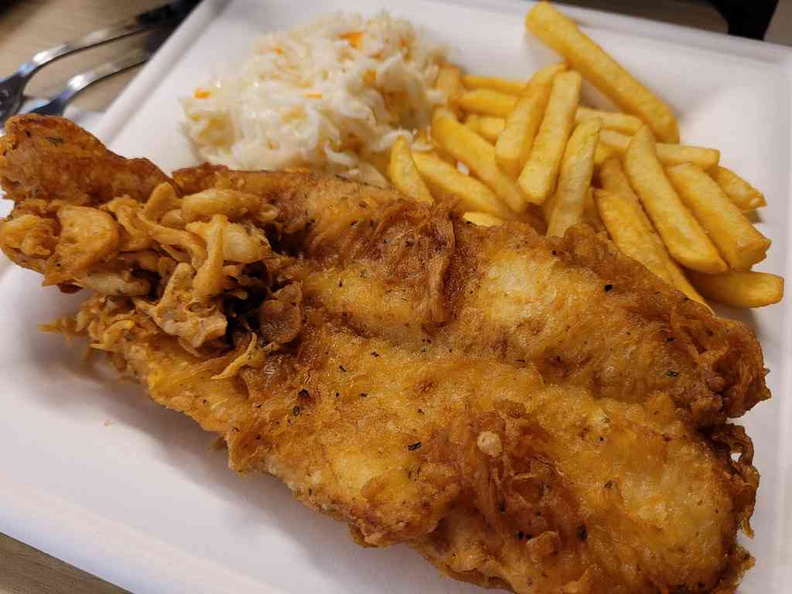 Dory fillet ($7.80) with fries and colesaw. It's the cheapest and most value dis
