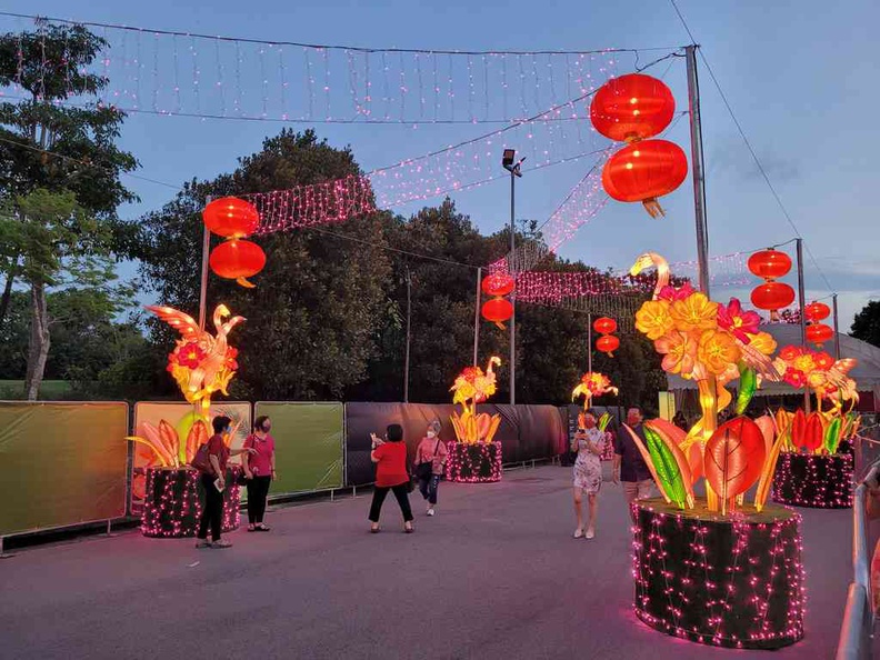 Pink flamingos lantern light up depicting Hong Hong Huo Huo by the Meadow Entrance. It's the least crowded entrance