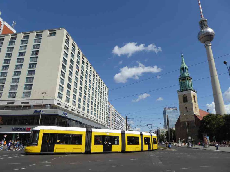 Downtown Berlin with the Berliner Fernsehturm TV tower and transport Trams plying the city