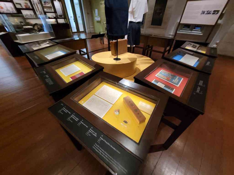 Hand-built wooden classroom tables typically used in schools in the 1960, repurposed as a showcase display